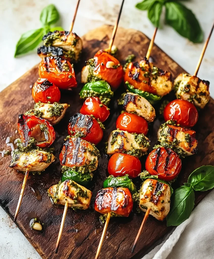 Grilled Pesto Chicken and Tomato Kebabs
