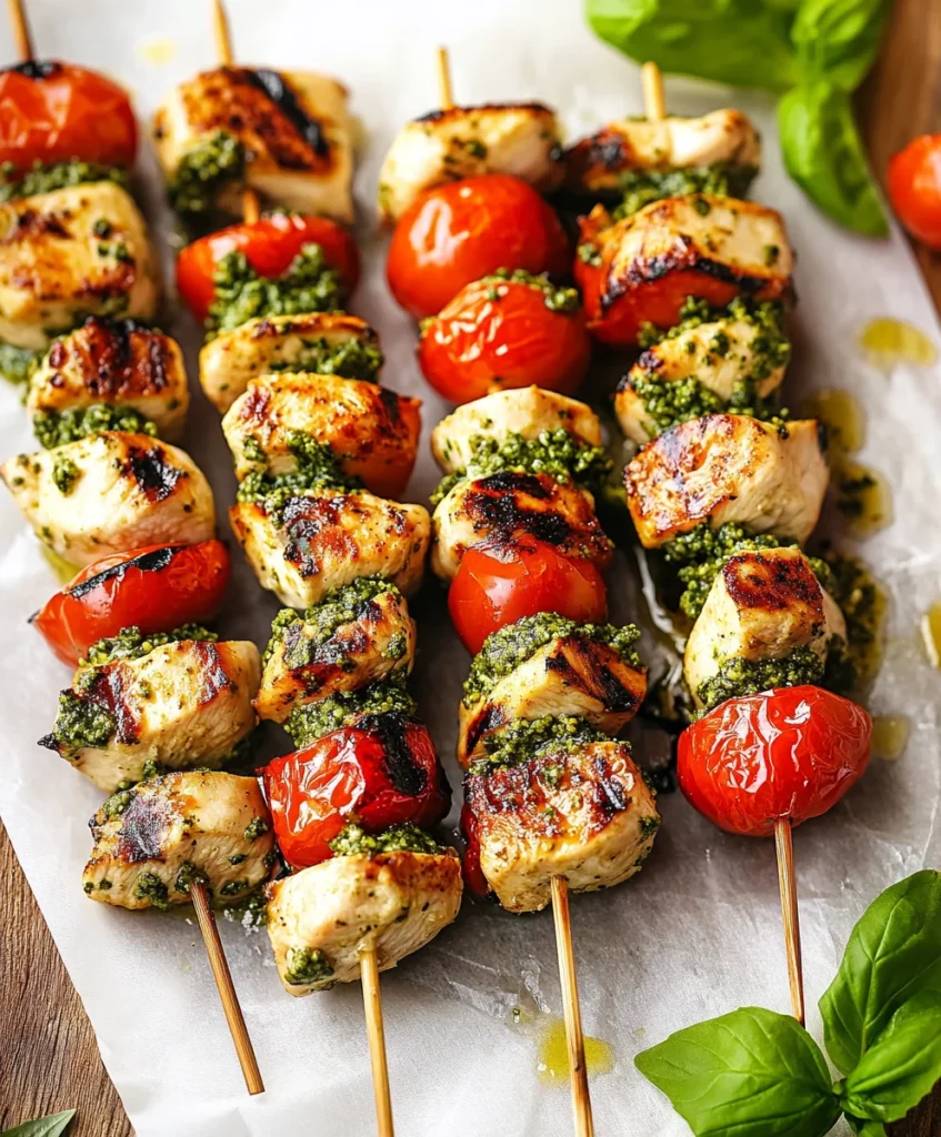 Grilled Pesto Chicken and Tomato Kebabs